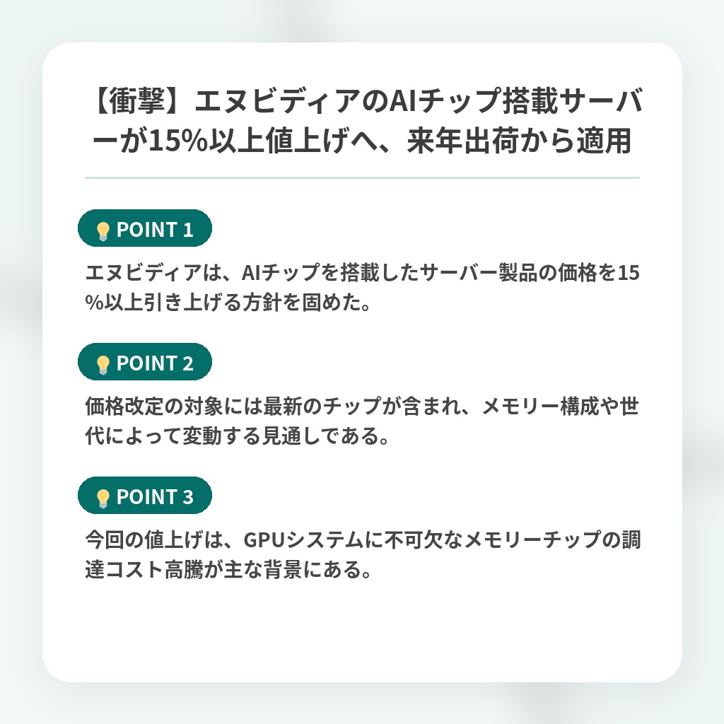 【衝撃】エヌビディアのAIチップ搭載サーバーが15%以上値上げへ、来年出荷から適用の注目ポイントまとめ