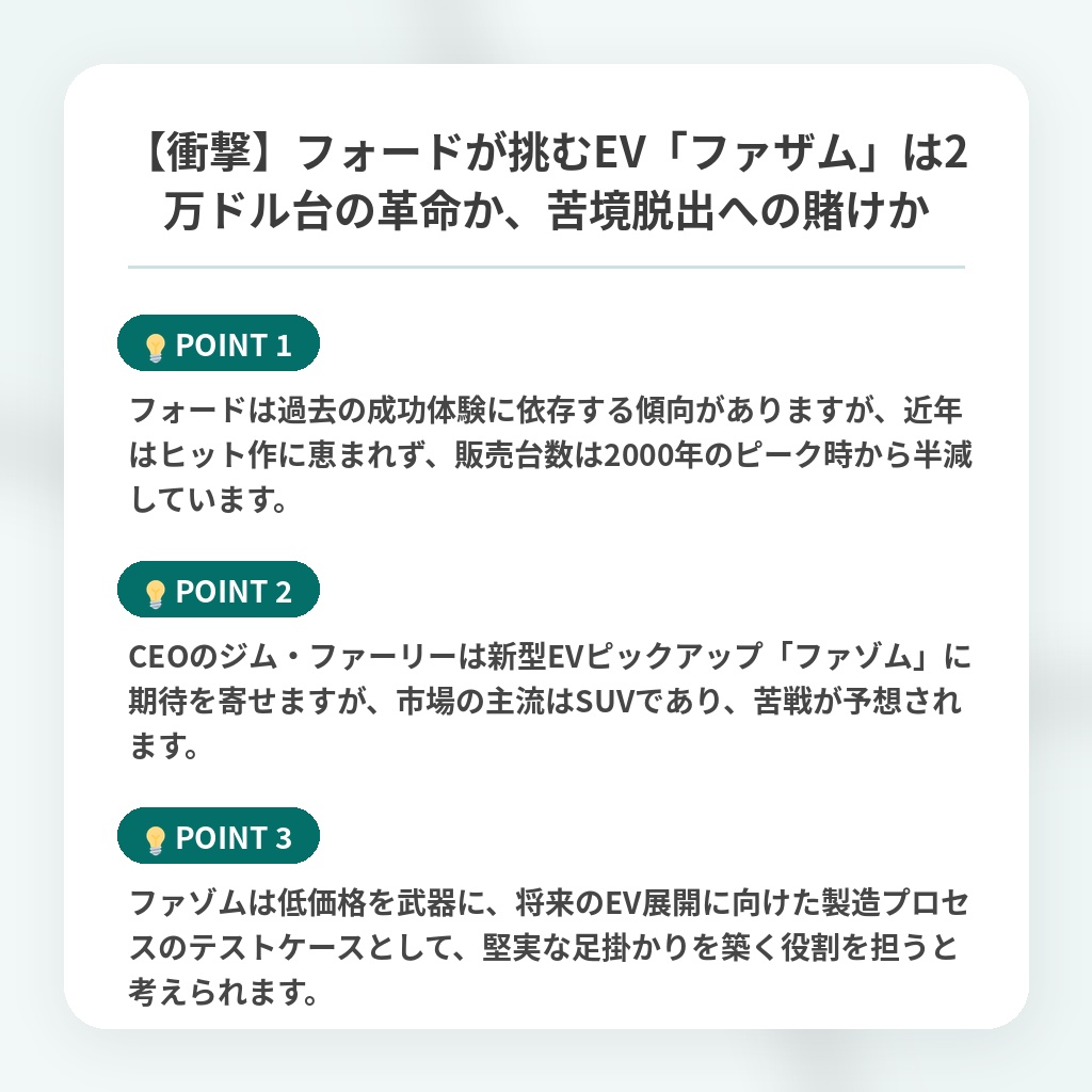 【衝撃】フォードが挑むEV「ファザム」は2万ドル台の革命か、苦境脱出への賭けかの注目ポイントまとめ