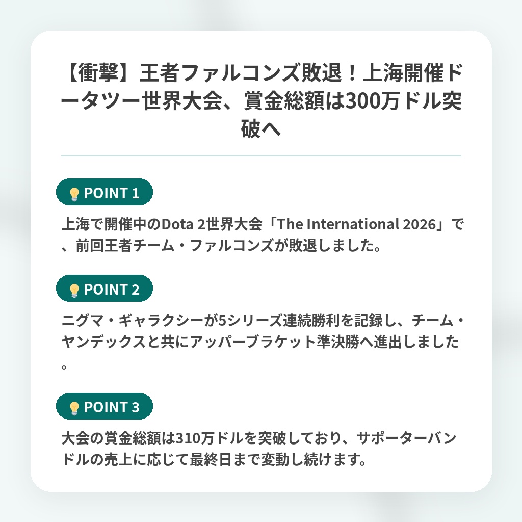 【衝撃】王者ファルコンズ敗退！上海開催ドータツー世界大会、賞金総額は300万ドル突破への注目ポイントまとめ