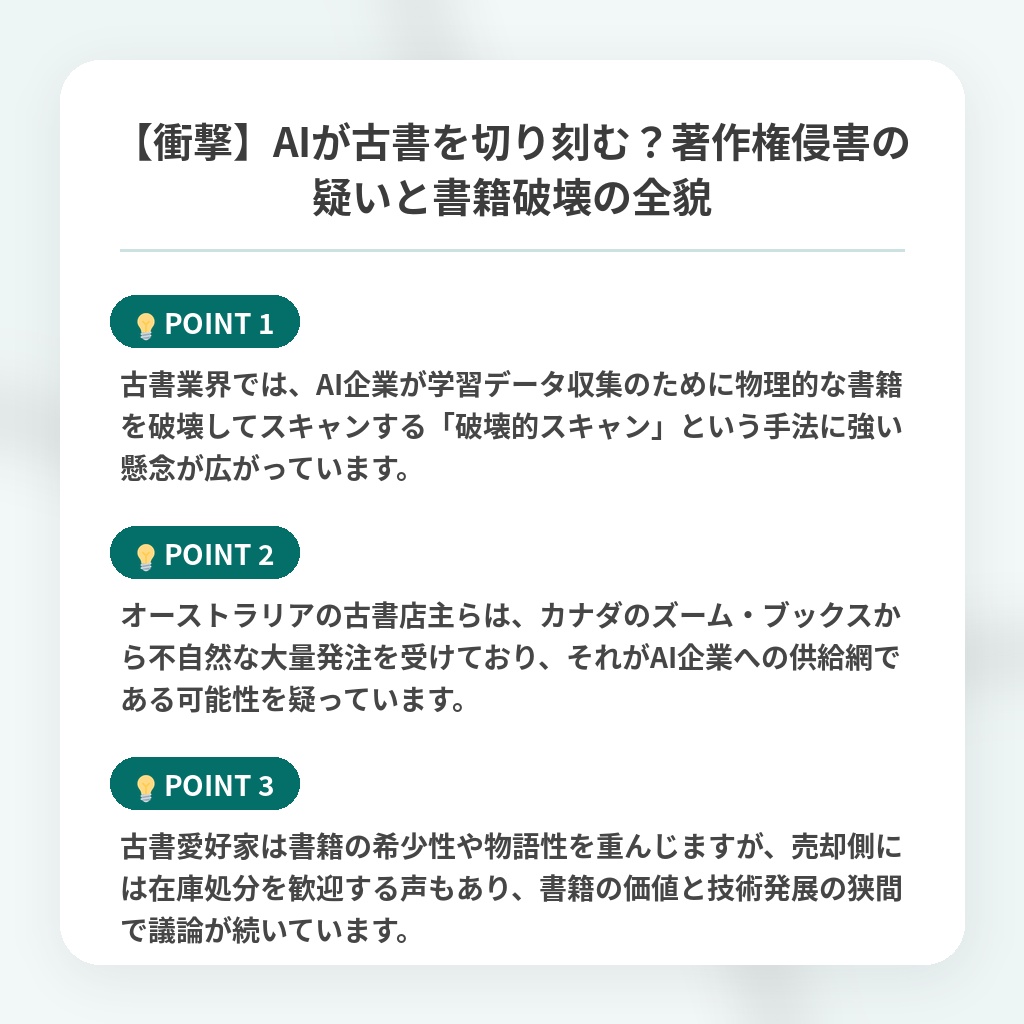 【衝撃】AIが古書を切り刻む？著作権侵害の疑いと書籍破壊の全貌の注目ポイントまとめ