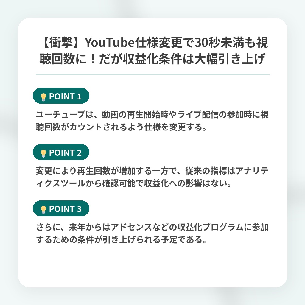 【衝撃】YouTube仕様変更で30秒未満も視聴回数に！だが収益化条件は大幅引き上げの注目ポイントまとめ
