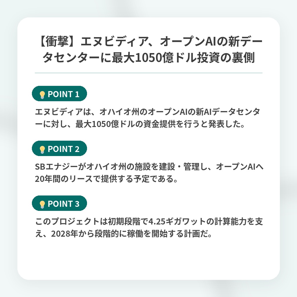 【衝撃】エヌビディア、オープンAIの新データセンターに最大1050億ドル投資の裏側の注目ポイントまとめ