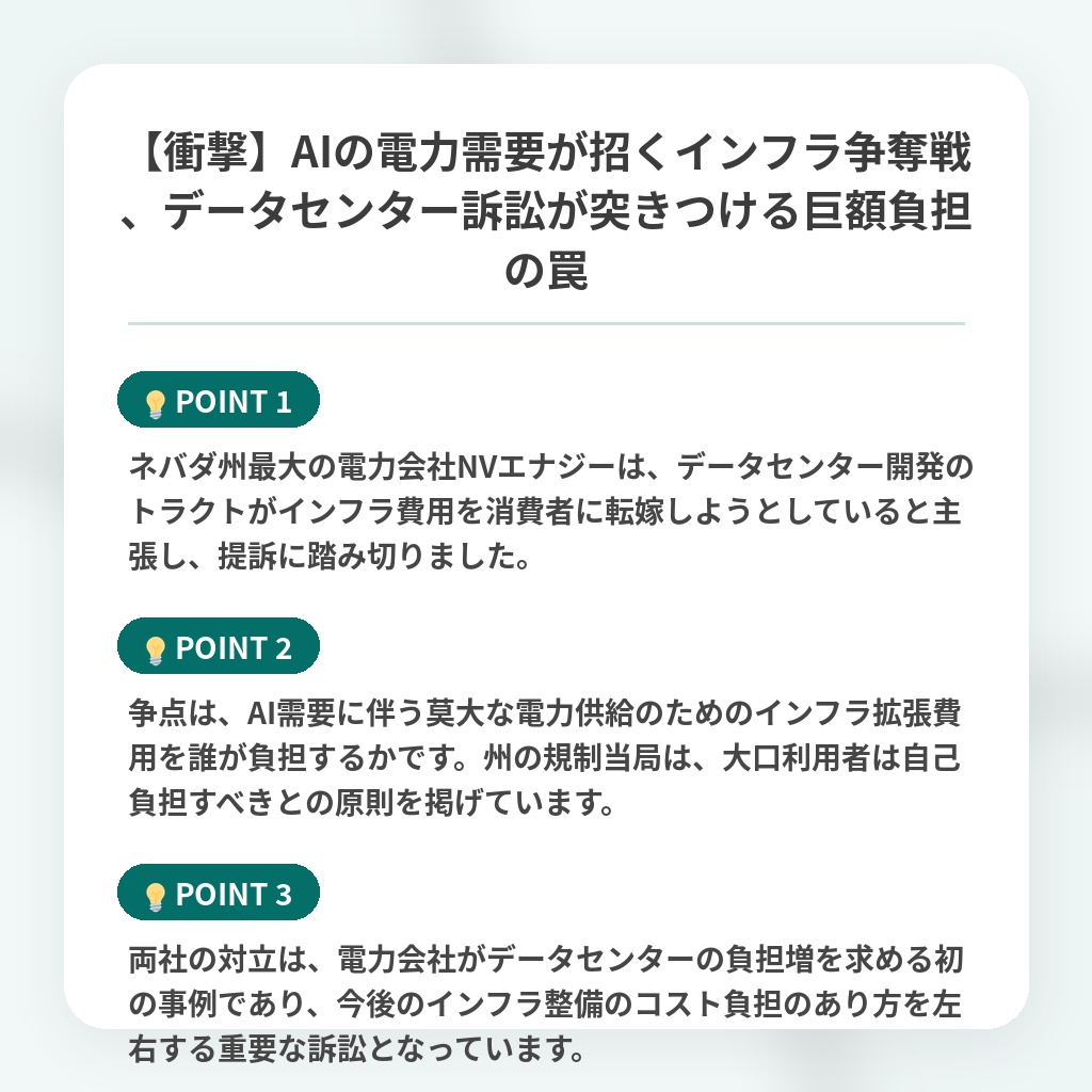 【衝撃】AIの電力需要が招くインフラ争奪戦、データセンター訴訟が突きつける巨額負担の罠の注目ポイントまとめ