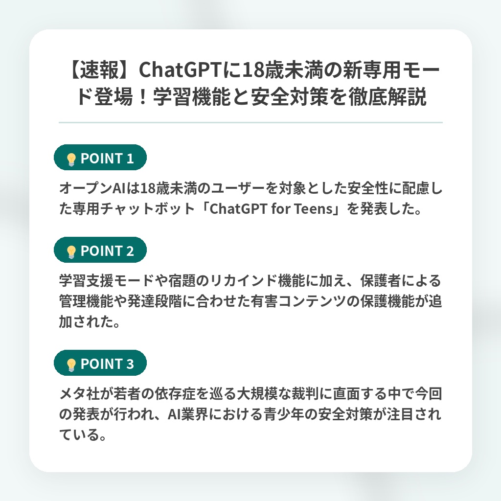 【速報】ChatGPTに18歳未満の新専用モード登場!学習機能と安全対策を徹底解説の注目ポイントまとめ