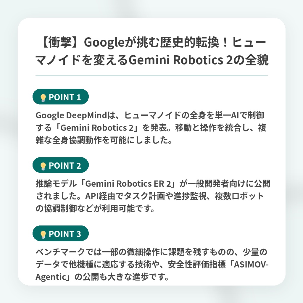 【衝撃】Googleが挑む歴史的転換!ヒューマノイドを変えるGemini Robotics 2の全貌の注目ポイントまとめ
