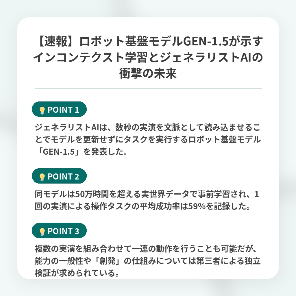 【速報】ロボット基盤モデルGEN-1.5が示すインコンテクスト学習とジェネラリストAIの衝撃の未来の注目ポイントまとめ