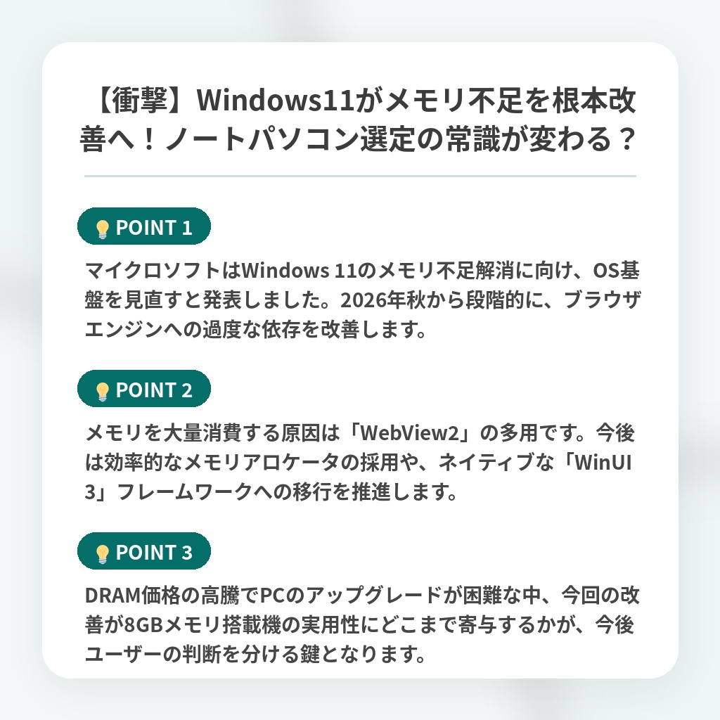 【衝撃】Windows11がメモリ不足を根本改善へ!ノートパソコン選定の常識が変わる?の注目ポイントまとめ