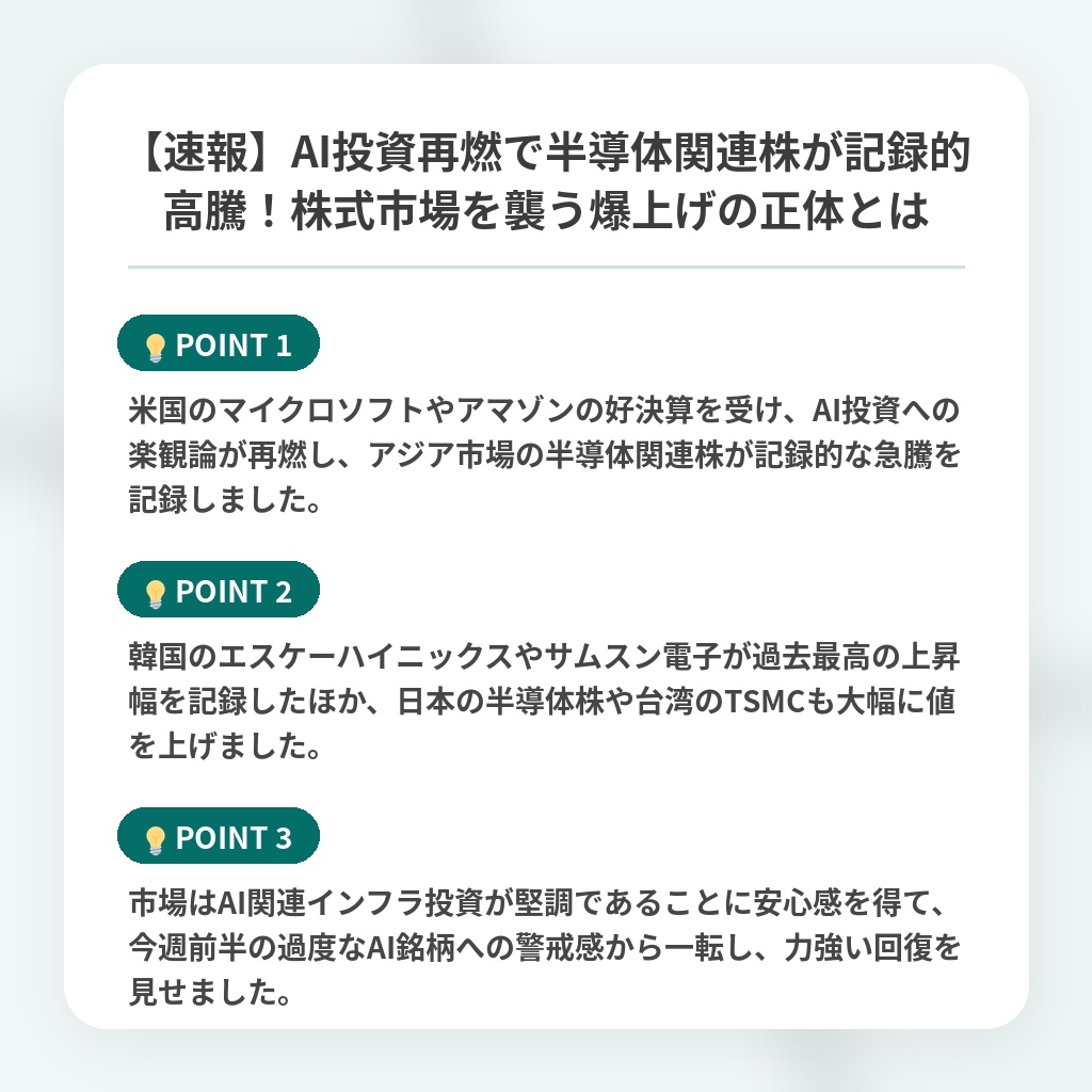 【速報】AI投資再燃で半導体関連株が記録的高騰!株式市場を襲う爆上げの正体とはの注目ポイントまとめ