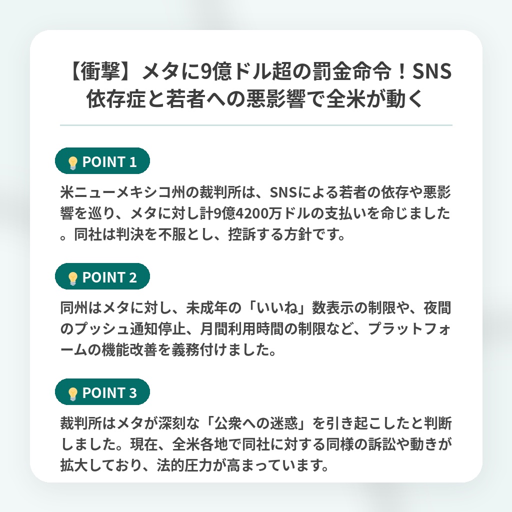 【衝撃】メタに9億ドル超の罰金命令!SNS依存症と若者への悪影響で全米が動くの注目ポイントまとめ