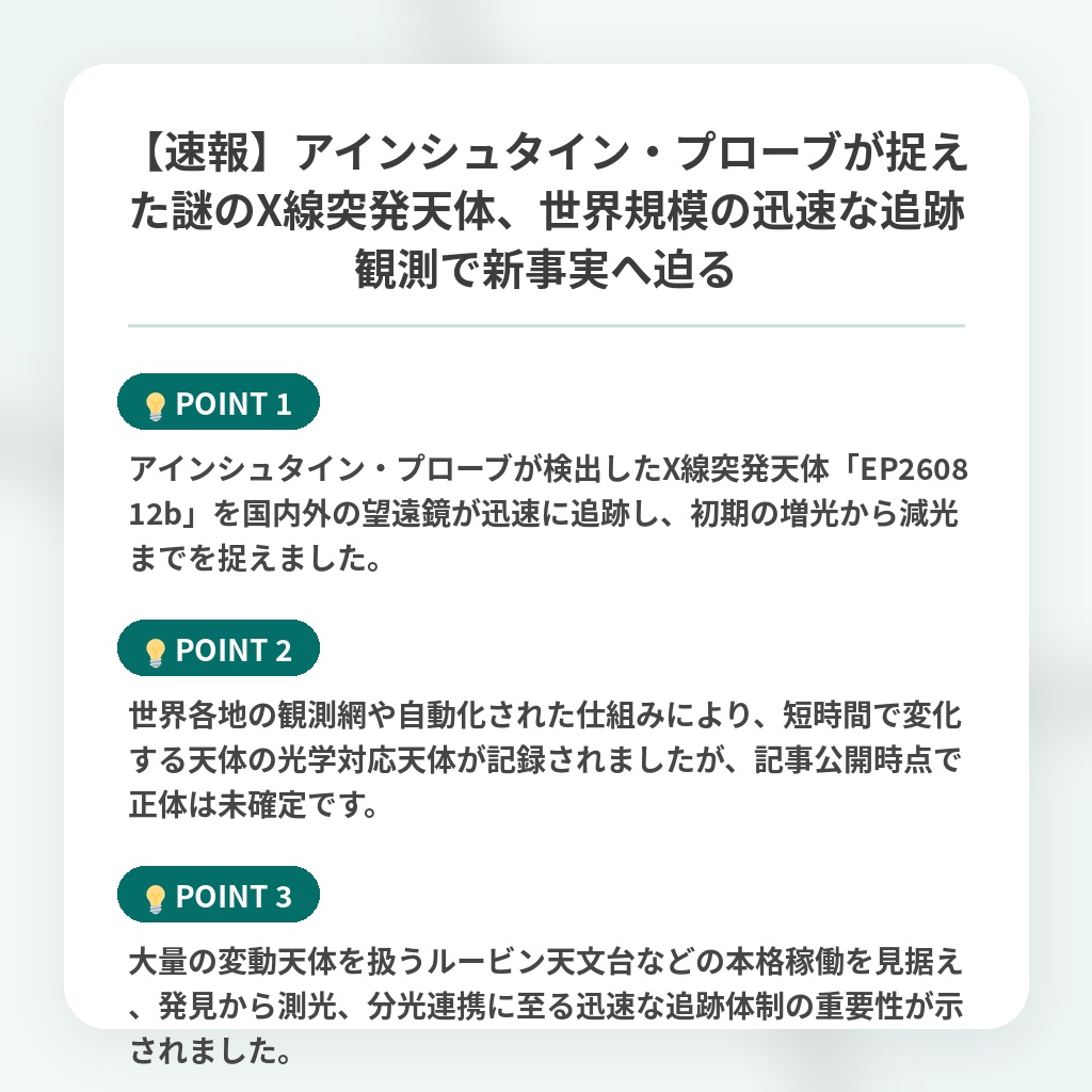 【速報】アインシュタイン・プローブが捉えた謎のX線突発天体、世界規模の迅速な追跡観測で新事実へ迫るの注目ポイントまとめ