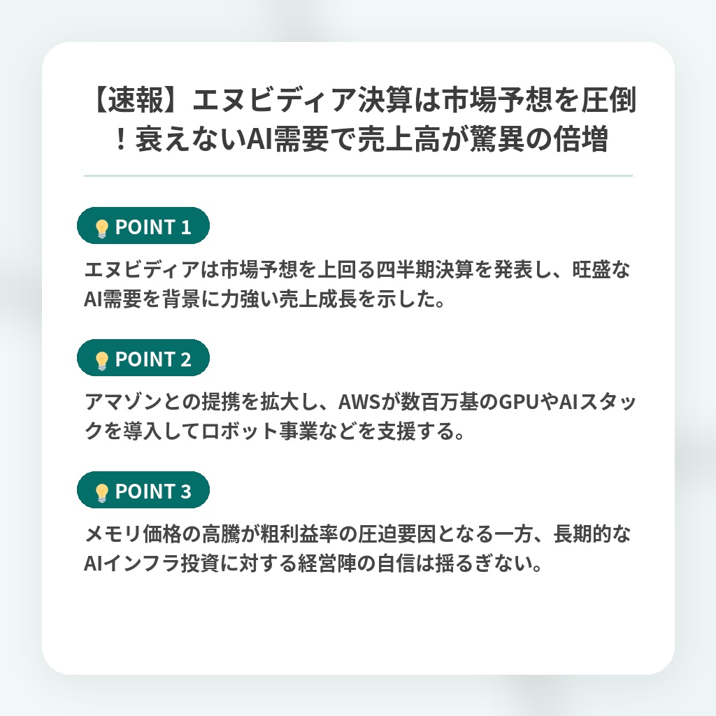 【速報】エヌビディア決算は市場予想を圧倒!衰えないAI需要で売上高が驚異の倍増の注目ポイントまとめ