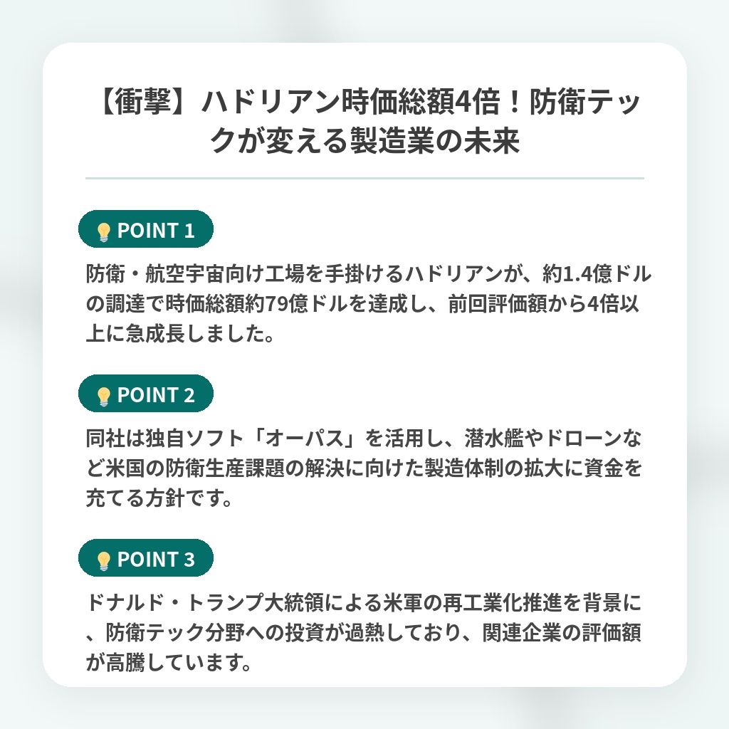 【衝撃】ハドリアン時価総額4倍！防衛テックが変える製造業の未来の注目ポイントまとめ