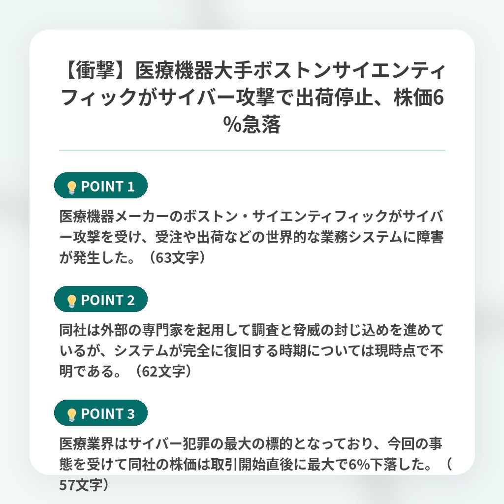 【衝撃】医療機器大手ボストンサイエンティフィックがサイバー攻撃で出荷停止、株価6%急落の注目ポイントまとめ
