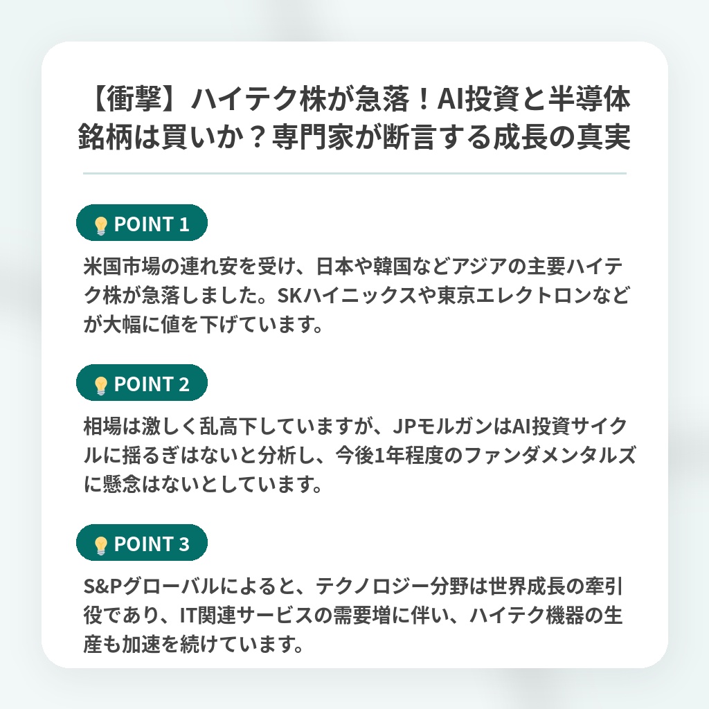 【衝撃】ハイテク株が急落!AI投資と半導体銘柄は買いか?専門家が断言する成長の真実の注目ポイントまとめ