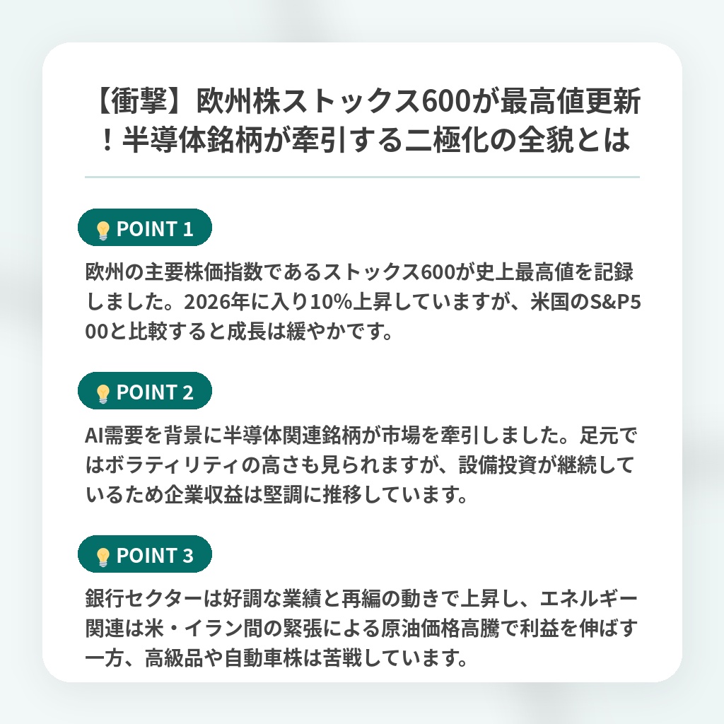 【衝撃】欧州株ストックス600が最高値更新!半導体銘柄が牽引する二極化の全貌とはの注目ポイントまとめ