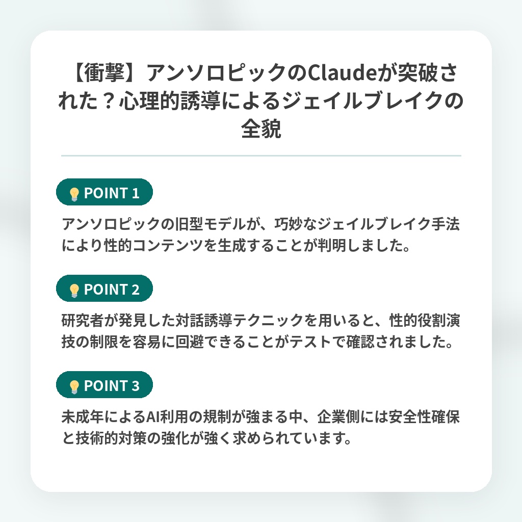 【衝撃】アンソロピックのClaudeが突破された?心理的誘導によるジェイルブレイクの全貌の注目ポイントまとめ