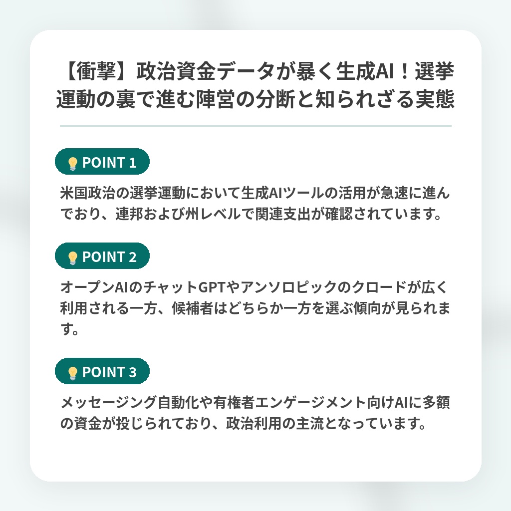 【衝撃】政治資金データが暴く生成AI！選挙運動の裏で進む陣営の分断と知られざる実態の注目ポイントまとめ