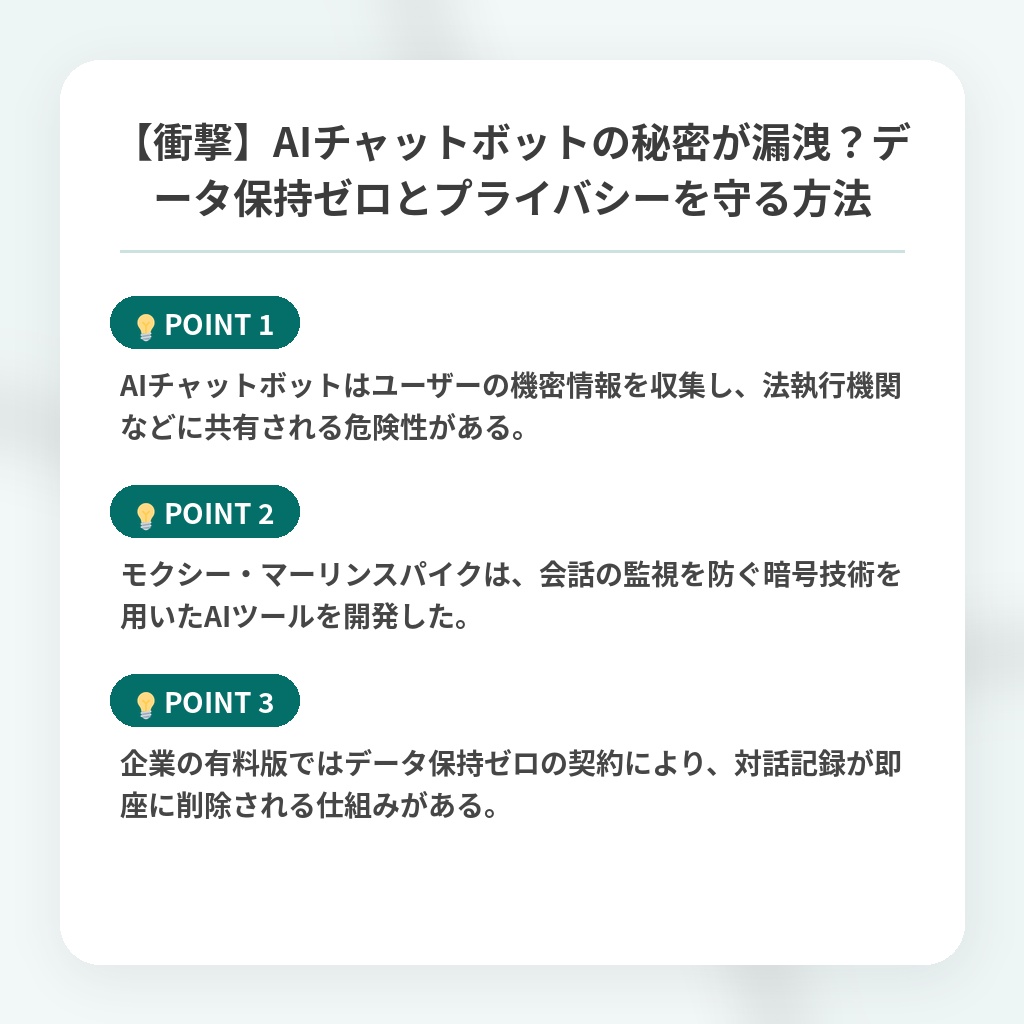 【衝撃】AIチャットボットの秘密が漏洩？データ保持ゼロとプライバシーを守る方法の注目ポイントまとめ