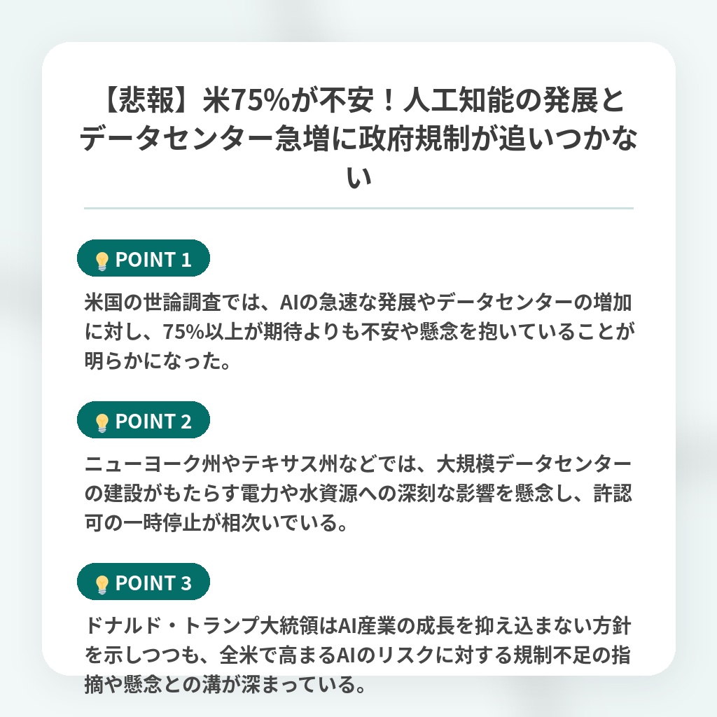 【悲報】米75%が不安!人工知能の発展とデータセンター急増に政府規制が追いつかないの注目ポイントまとめ