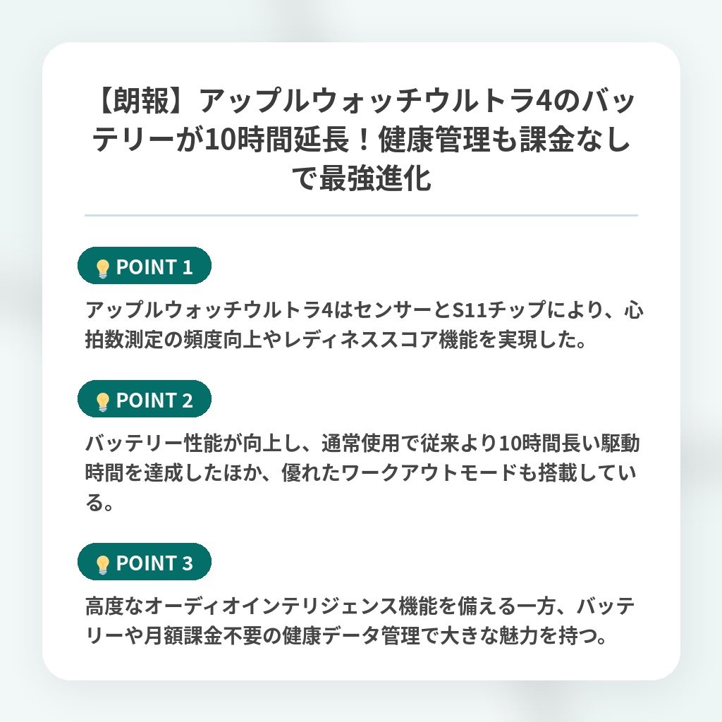 【朗報】アップルウォッチウルトラ4のバッテリーが10時間延長！健康管理も課金なしで最強進化の注目ポイントまとめ