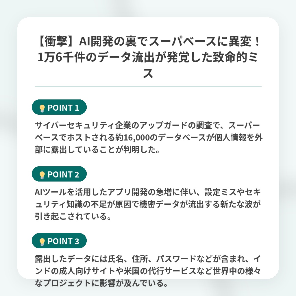【衝撃】AI開発の裏でスーパベースに異変!1万6千件のデータ流出が発覚した致命的ミスの注目ポイントまとめ