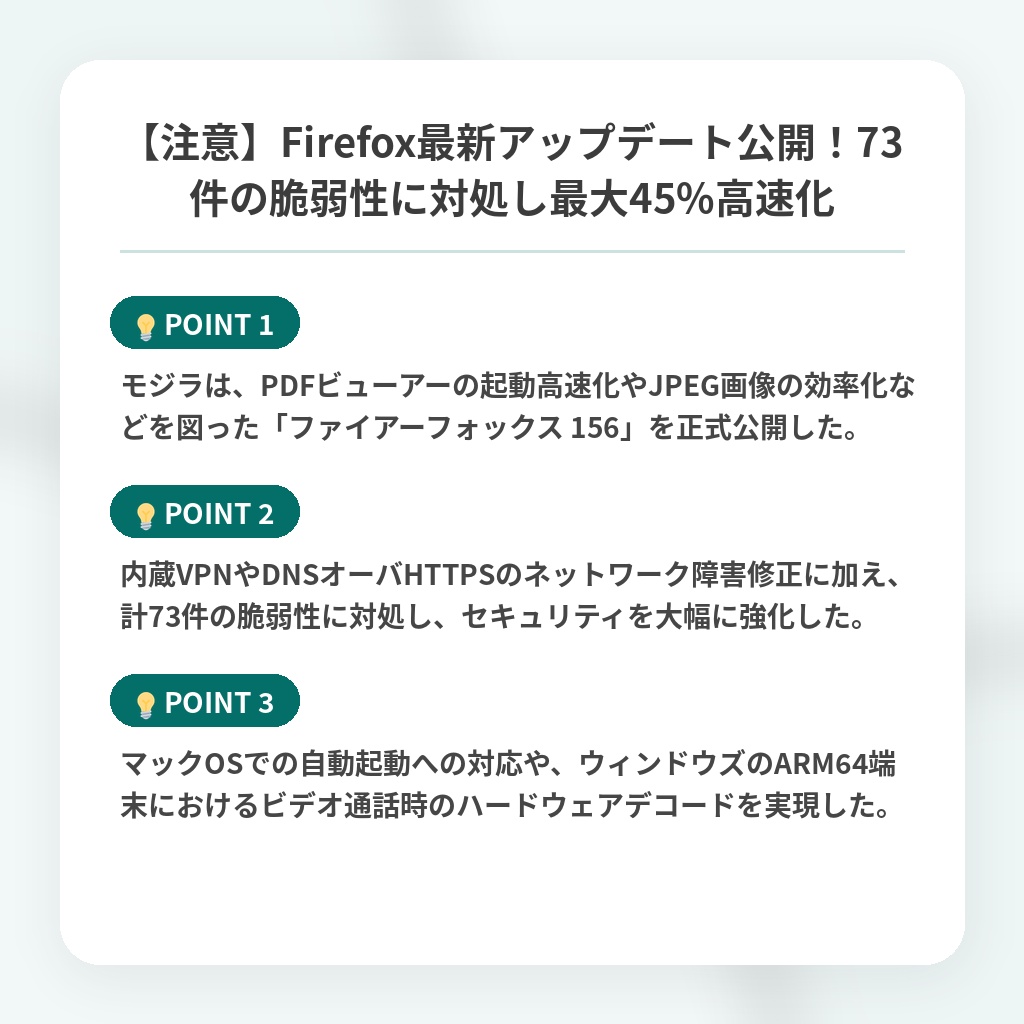 【注意】Firefox最新アップデート公開!73件の脆弱性に対処し最大45%高速化の注目ポイントまとめ