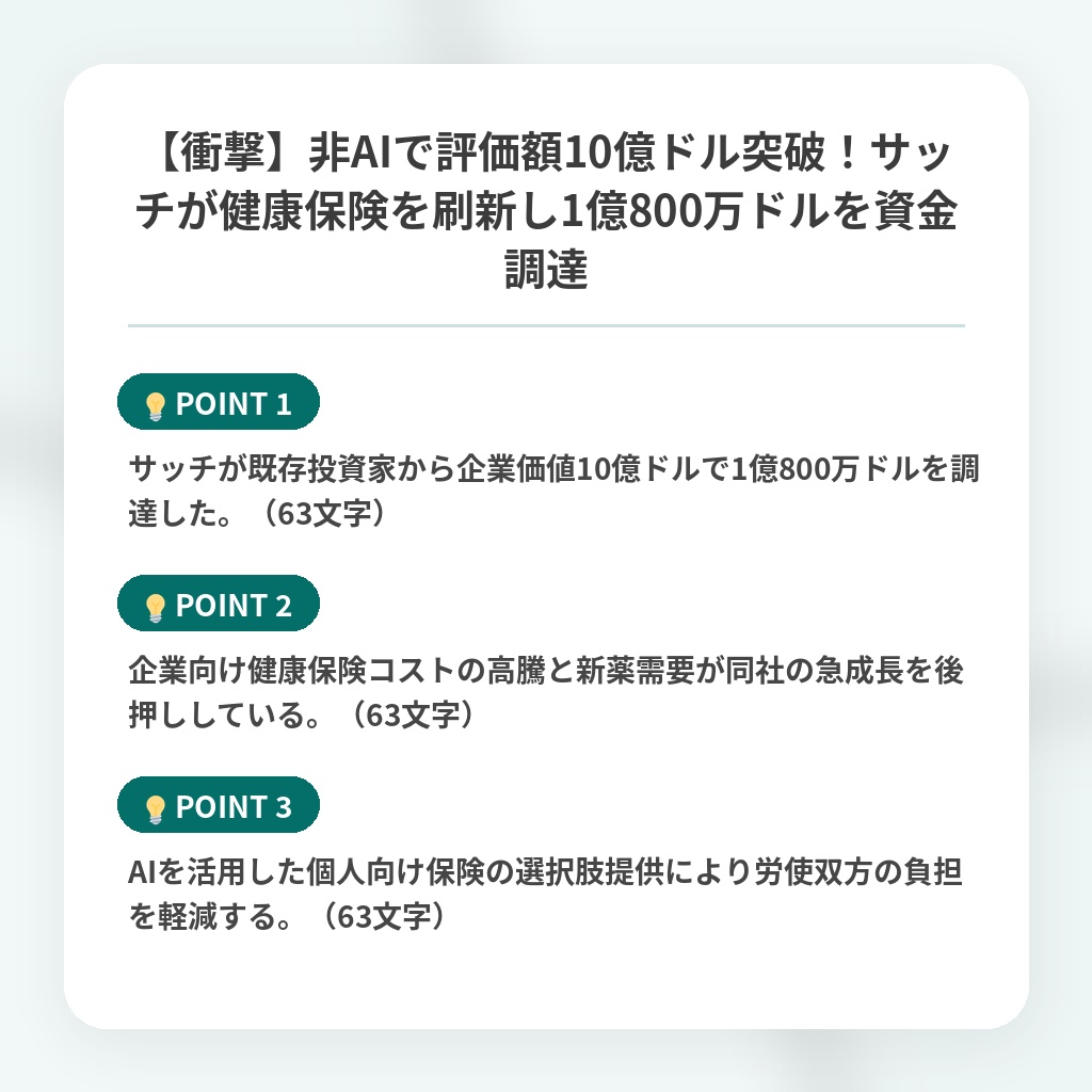 【衝撃】非AIで評価額10億ドル突破！サッチが健康保険を刷新し1億800万ドルを資金調達の注目ポイントまとめ