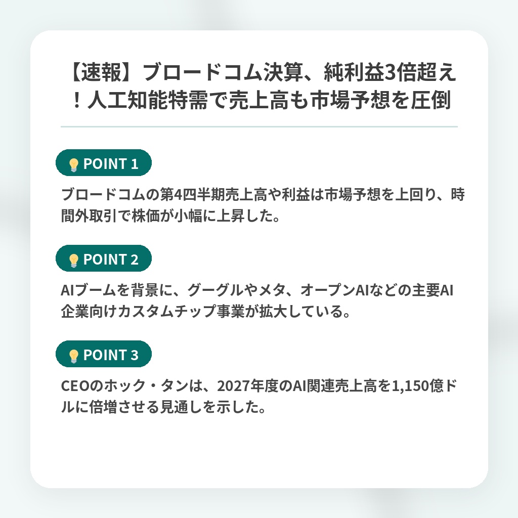 【速報】ブロードコム決算、純利益3倍超え！人工知能特需で売上高も市場予想を圧倒の注目ポイントまとめ
