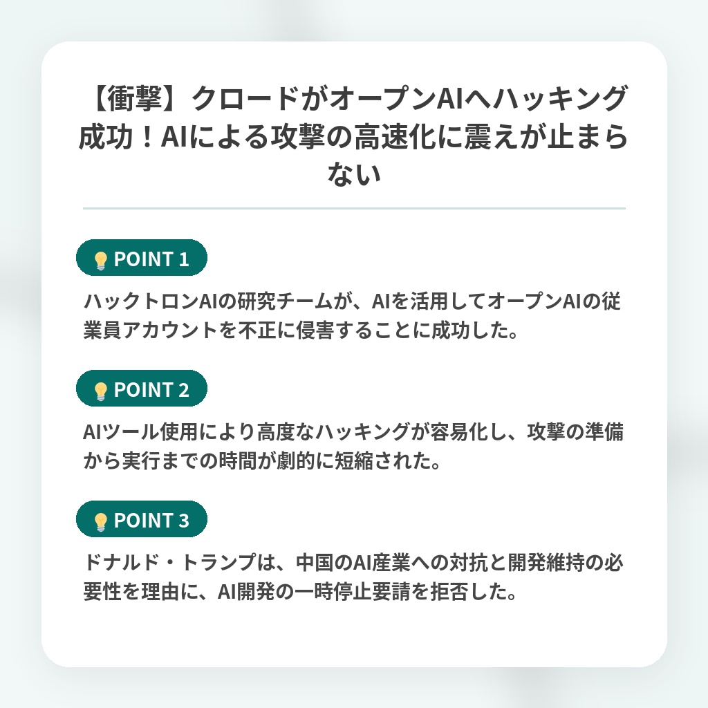 【衝撃】クロードがオープンAIへハッキング成功!AIによる攻撃の高速化に震えが止まらないの注目ポイントまとめ