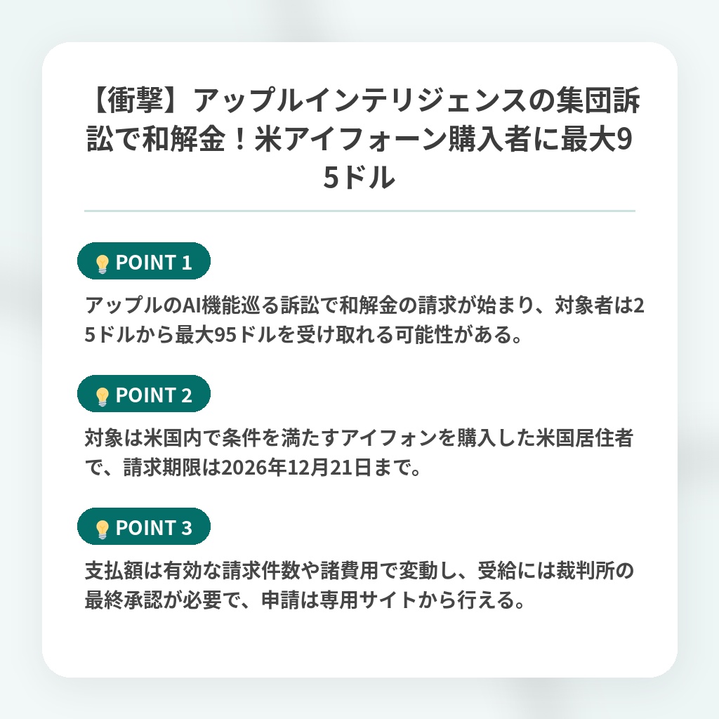 【衝撃】アップルインテリジェンスの集団訴訟で和解金！米アイフォーン購入者に最大95ドルの注目ポイントまとめ