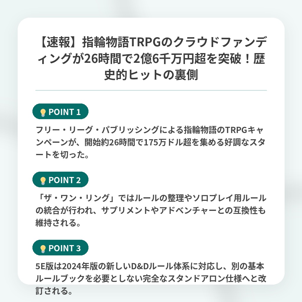 【速報】指輪物語TRPGのクラウドファンディングが26時間で2億6千万円超を突破!歴史的ヒットの裏側の注目ポイントまとめ