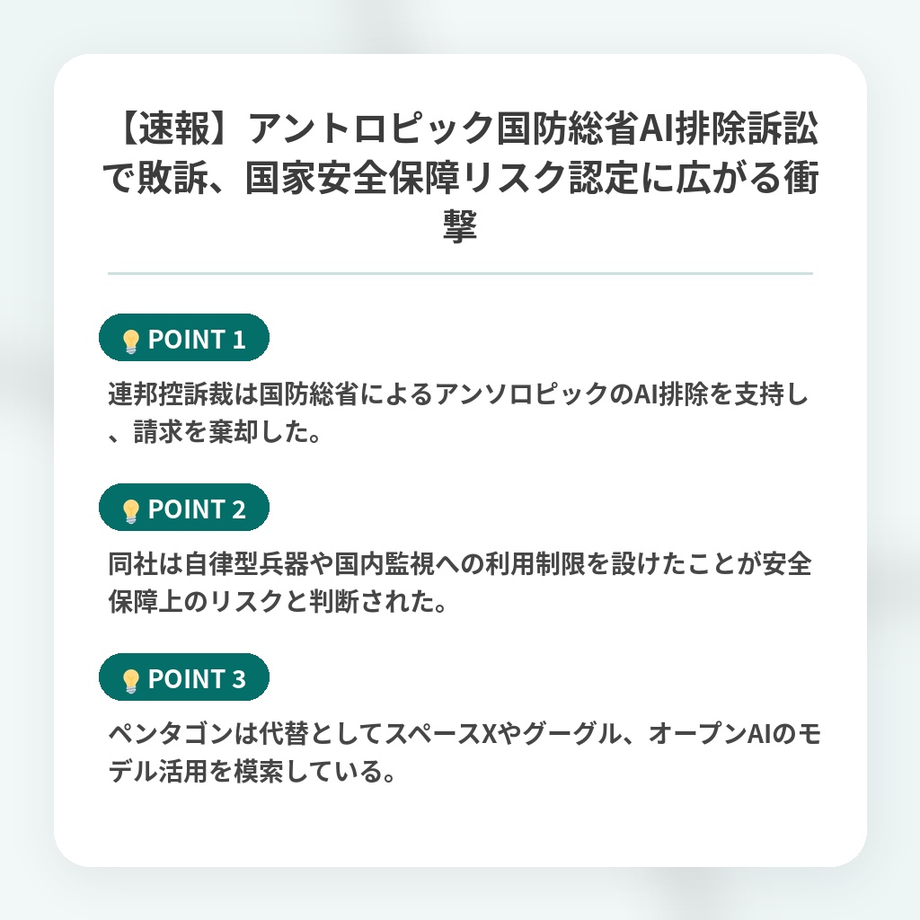 【速報】アントロピック国防総省AI排除訴訟で敗訴、国家安全保障リスク認定に広がる衝撃の注目ポイントまとめ