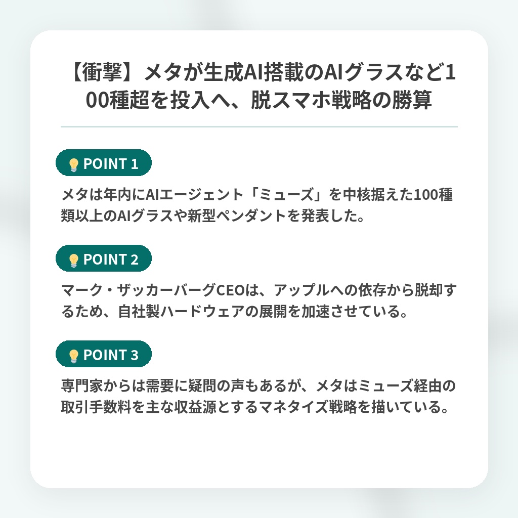 【衝撃】メタが生成AI搭載のAIグラスなど100種超を投入へ、脱スマホ戦略の勝算の注目ポイントまとめ