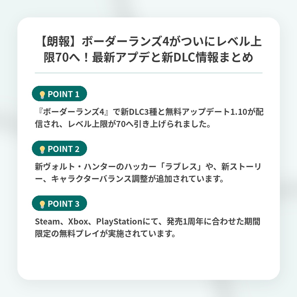 【朗報】ボーダーランズ4がついにレベル上限70へ!最新アプデと新DLC情報まとめの注目ポイントまとめ