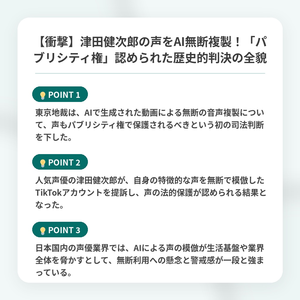 【衝撃】津田健次郎の声をAI無断複製!「パブリシティ権」認められた歴史的判決の全貌の注目ポイントまとめ