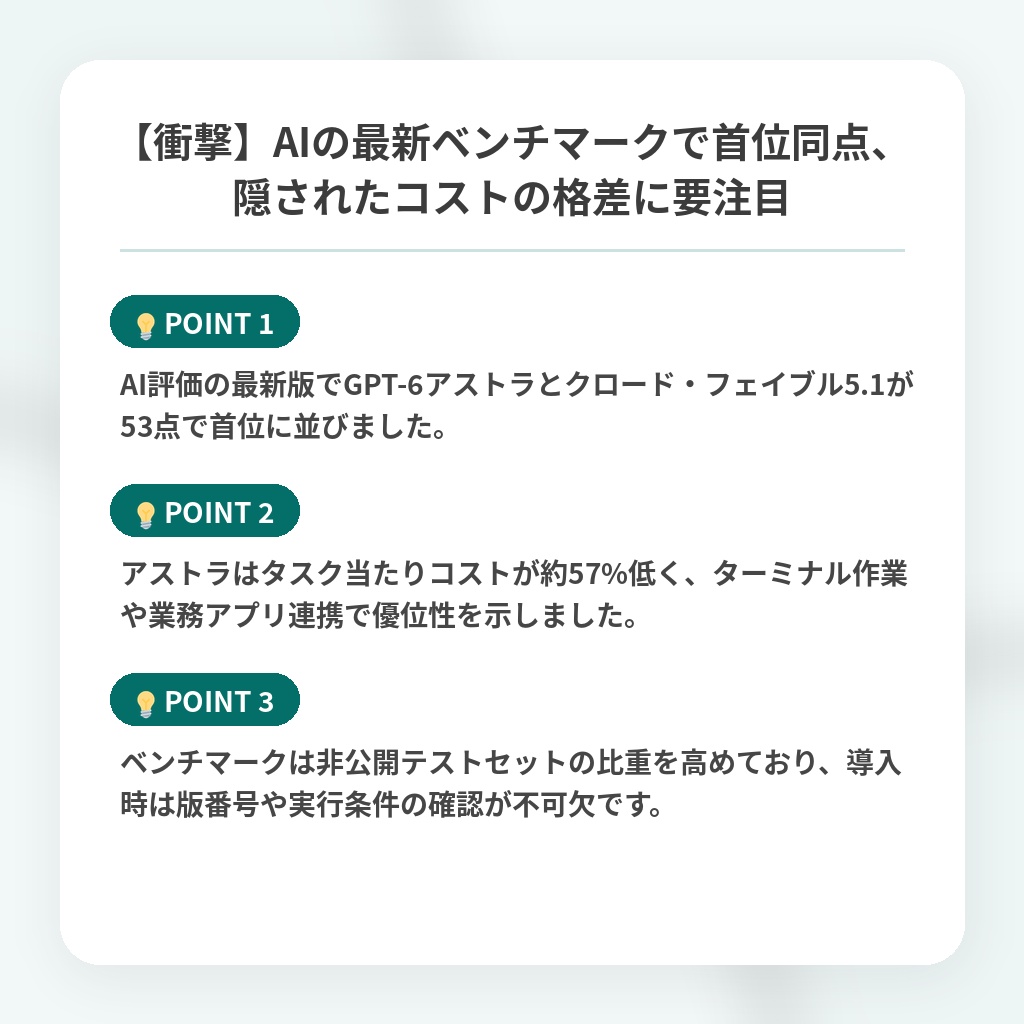 【衝撃】AIの最新ベンチマークで首位同点、隠されたコストの格差に要注目の注目ポイントまとめ