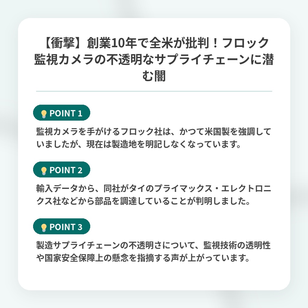 【衝撃】創業10年で全米が批判!フロック監視カメラの不透明なサプライチェーンに潜む闇の注目ポイントまとめ