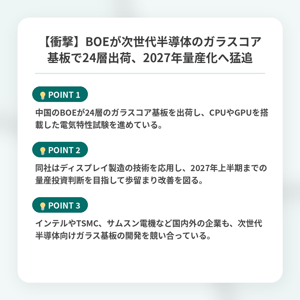 【衝撃】BOEが次世代半導体のガラスコア基板で24層出荷、2027年量産化へ猛追の注目ポイントまとめ