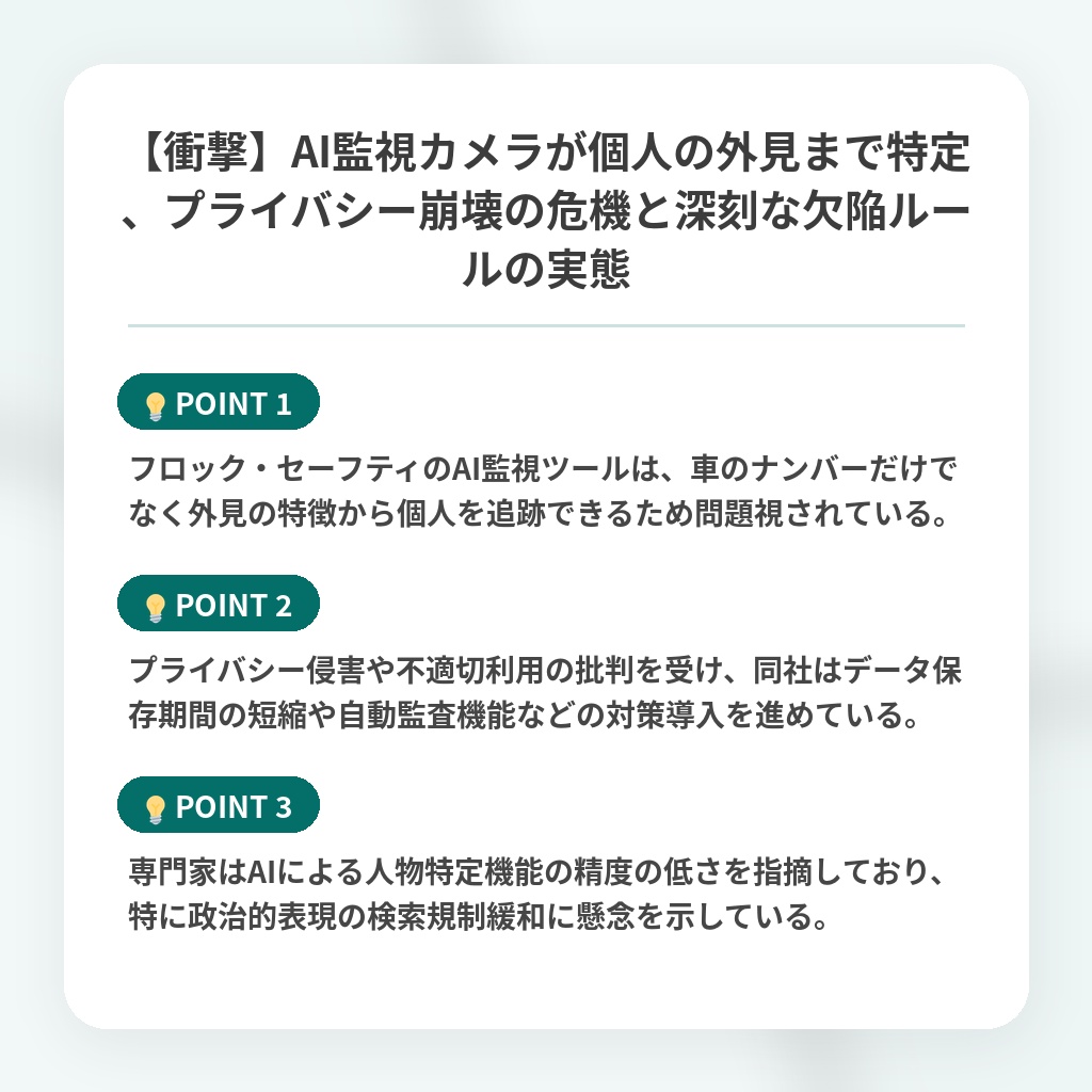 【衝撃】AI監視カメラが個人の外見まで特定、プライバシー崩壊の危機と深刻な欠陥ルールの実態の注目ポイントまとめ