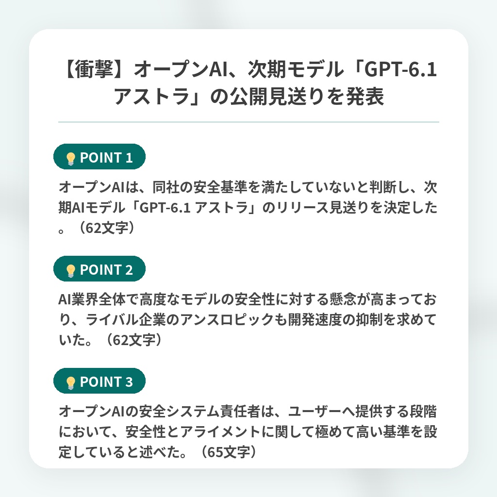 【衝撃】オープンAI、次期モデル「GPT-6.1 アストラ」の公開見送りを発表の注目ポイントまとめ
