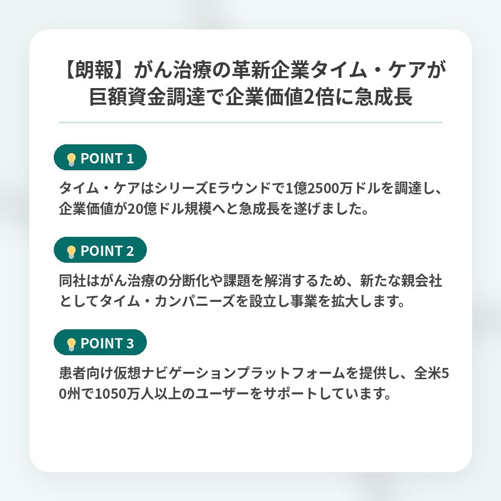 【朗報】がん治療の革新企業タイム・ケアが巨額資金調達で企業価値2倍に急成長の注目ポイントまとめ