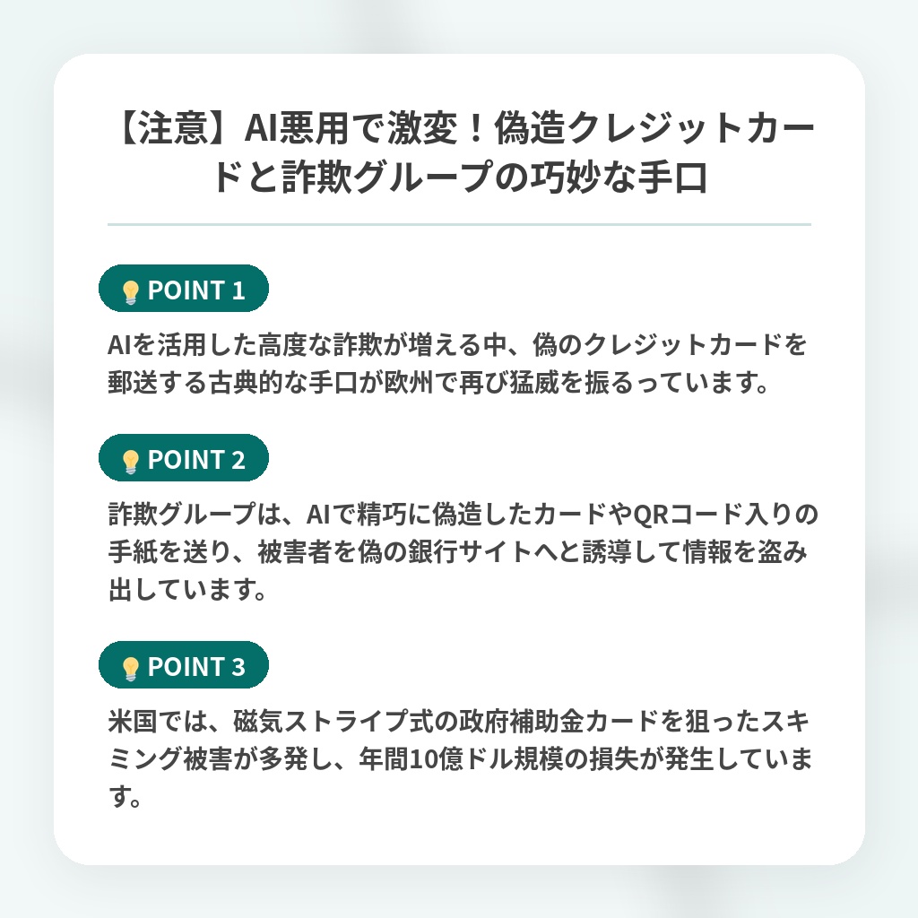 【注意】AI悪用で激変!偽造クレジットカードと詐欺グループの巧妙な手口の注目ポイントまとめ