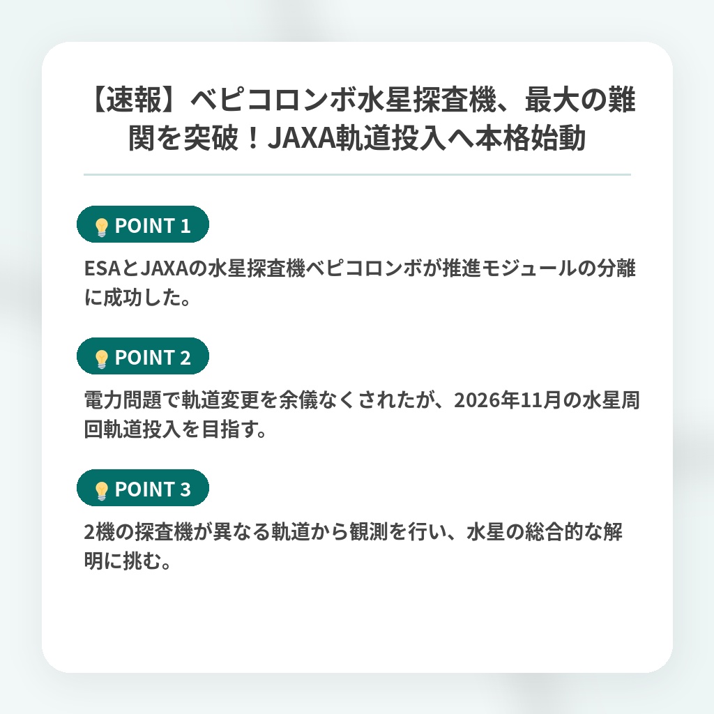 【速報】ベピコロンボ水星探査機、最大の難関を突破！JAXA軌道投入へ本格始動の注目ポイントまとめ