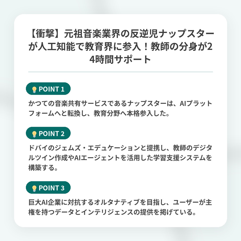 【衝撃】元祖音楽業界の反逆児ナップスターが人工知能で教育界に参入!教師の分身が24時間サポートの注目ポイントまとめ