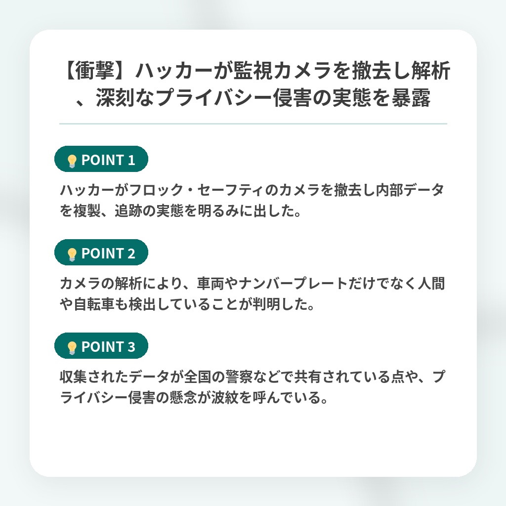 【衝撃】ハッカーが監視カメラを撤去し解析、深刻なプライバシー侵害の実態を暴露の注目ポイントまとめ