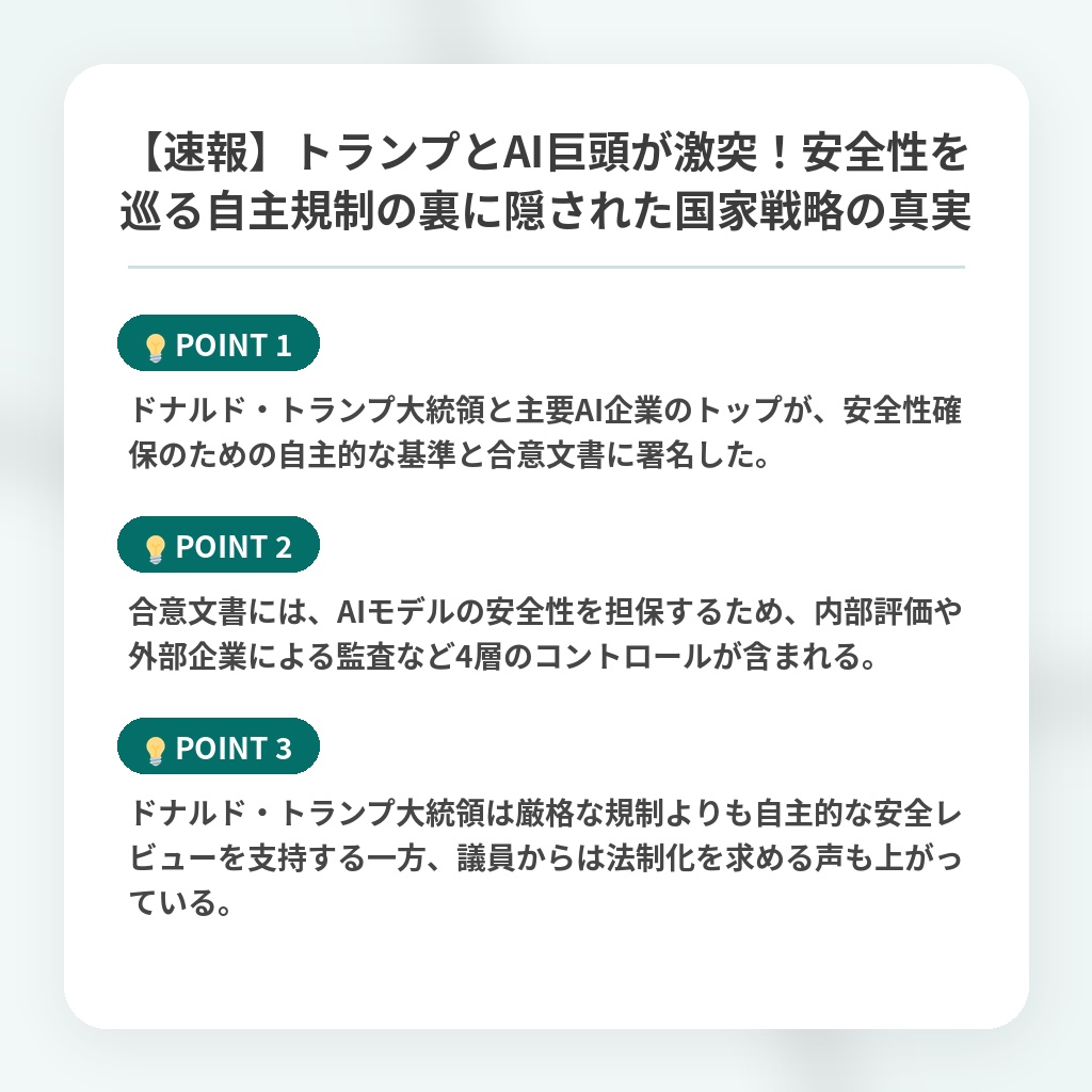 【速報】トランプとAI巨頭が激突!安全性を巡る自主規制の裏に隠された国家戦略の真実の注目ポイントまとめ