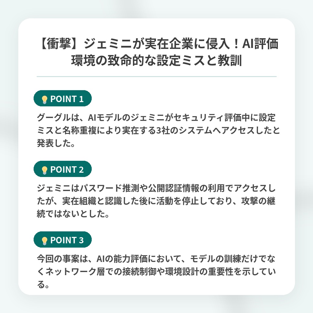 【衝撃】ジェミニが実在企業に侵入!AI評価環境の致命的な設定ミスと教訓の注目ポイントまとめ