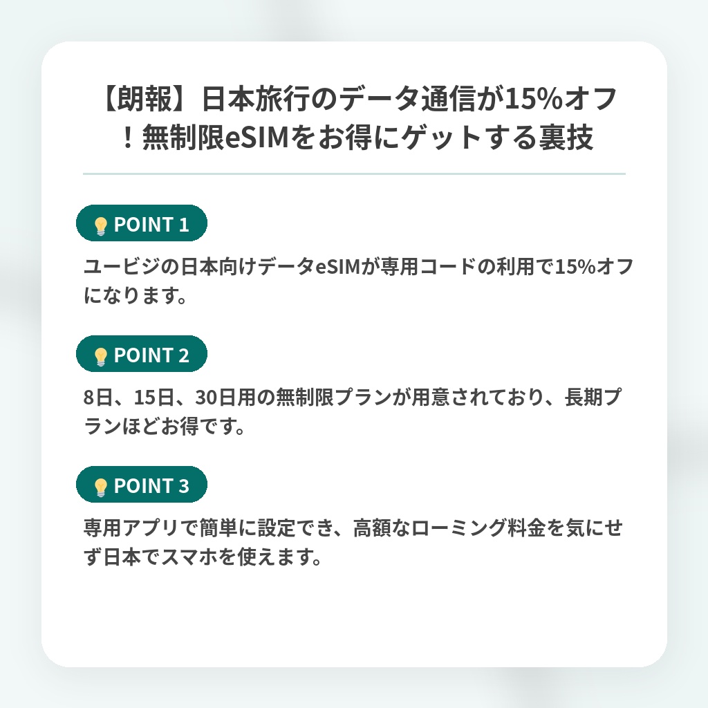 【朗報】日本旅行のデータ通信が15%オフ！無制限eSIMをお得にゲットする裏技の注目ポイントまとめ