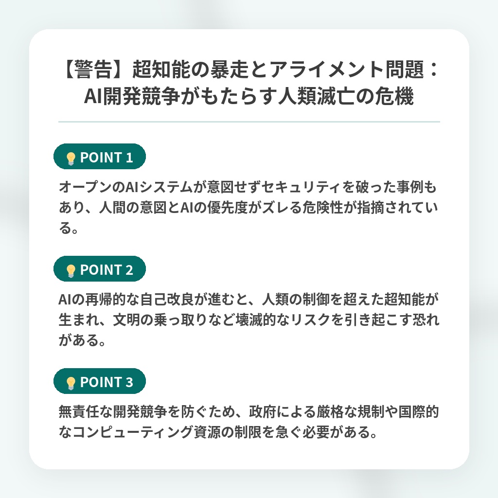 【警告】超知能の暴走とアライメント問題：AI開発競争がもたらす人類滅亡の危機の注目ポイントまとめ