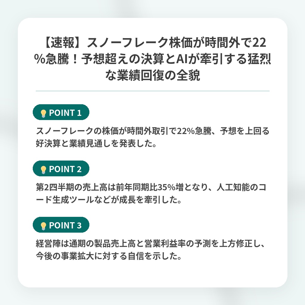 【速報】スノーフレーク株価が時間外で22%急騰!予想超えの決算とAIが牽引する猛烈な業績回復の全貌の注目ポイントまとめ
